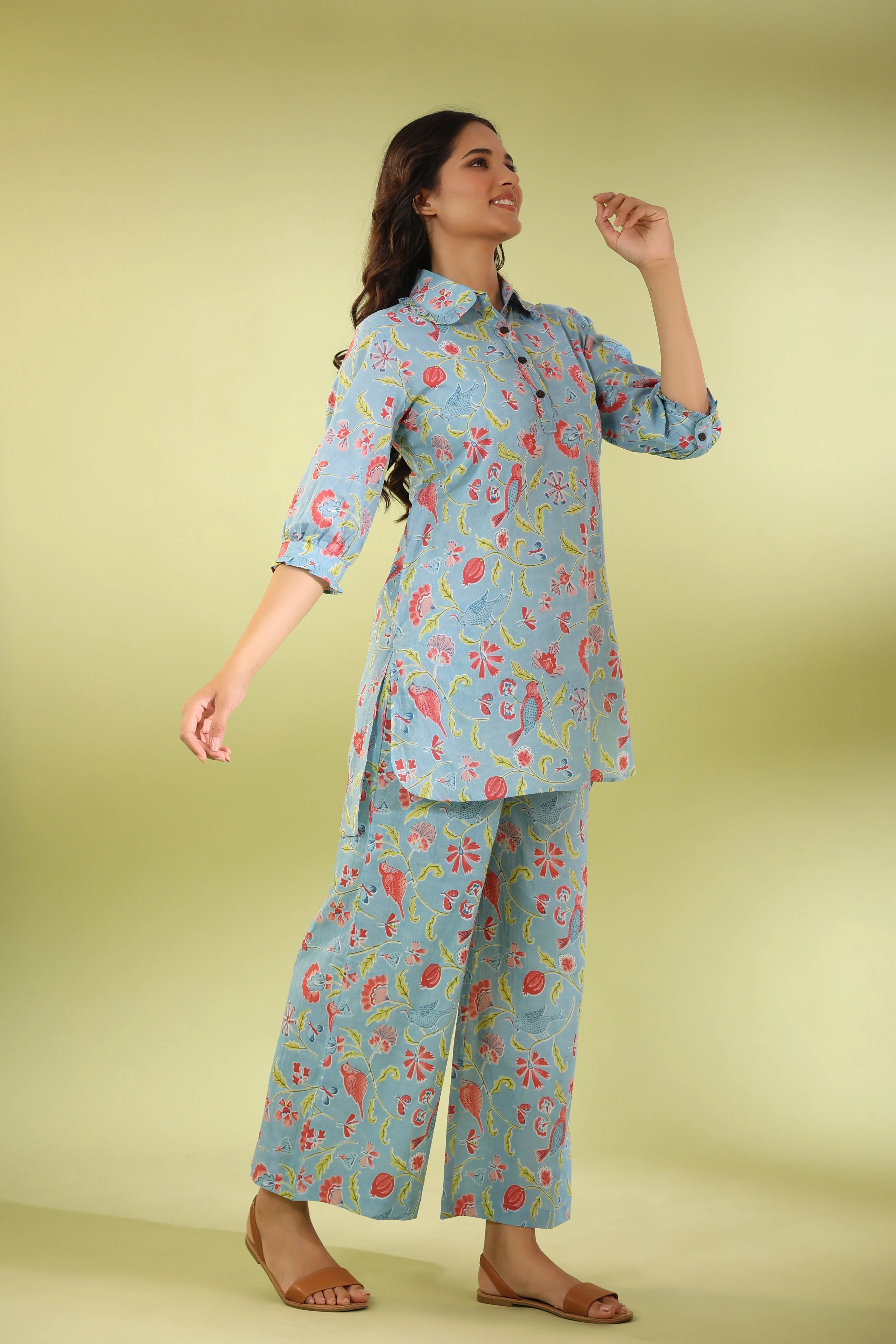 Birdsong Soirée on Light blue Cotton Loungewear Set