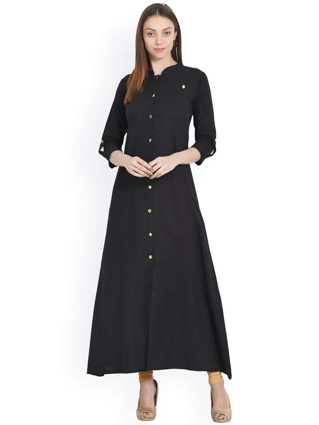 Black 3/4 Sleeve Cotton A-Line Kurta