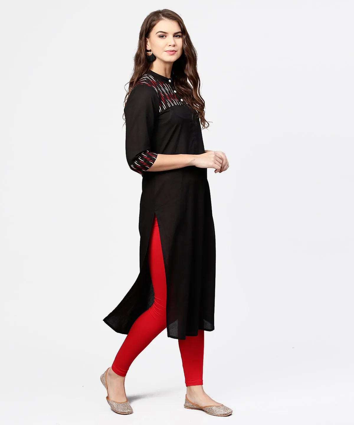 Black 3/4Th Sleeve Yoke Printed Straight Kurta