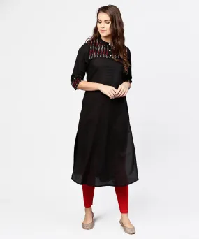 Black 3/4Th Sleeve Yoke Printed Straight Kurta