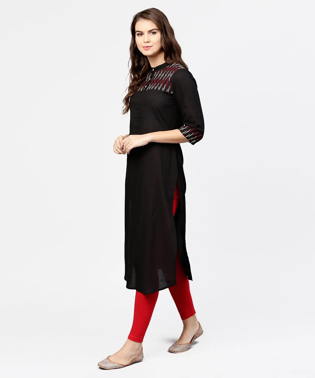 Black 3/4Th Sleeve Yoke Printed Straight Kurta