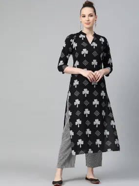 Black & Grey Straight Kurta Set With Striped Pant