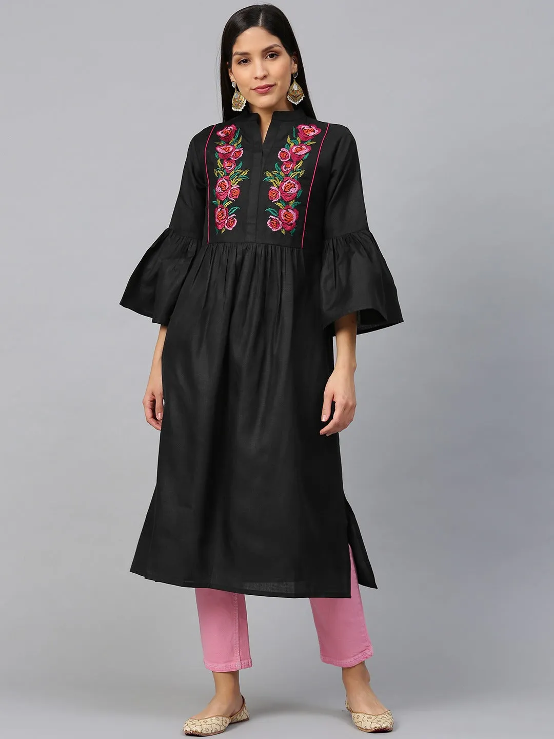 Black & Pink Floral Embroidered Yoke Design Straight Kurta