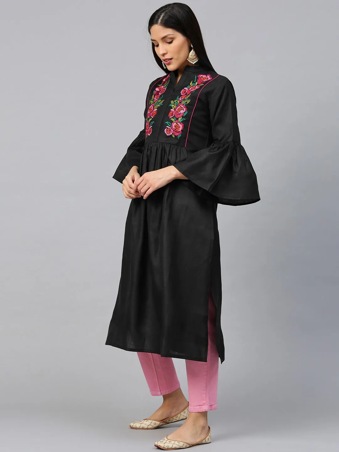 Black & Pink Floral Embroidered Yoke Design Straight Kurta