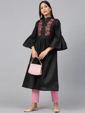 Black & Pink Floral Embroidered Yoke Design Straight Kurta