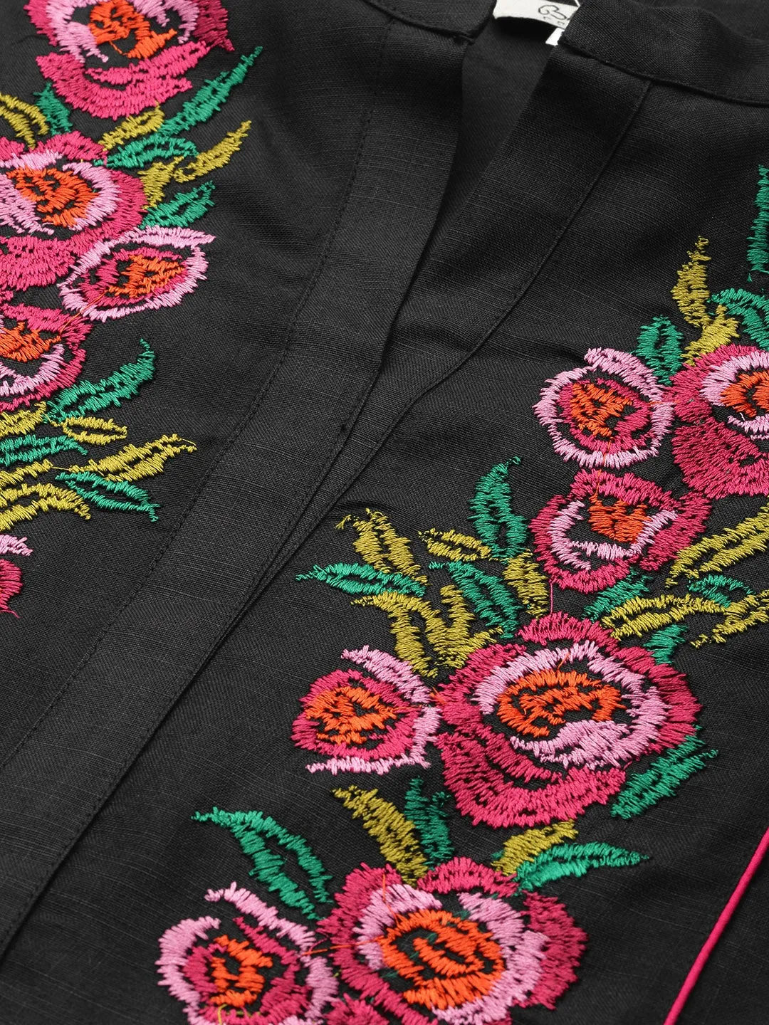 Black & Pink Floral Embroidered Yoke Design Straight Kurta