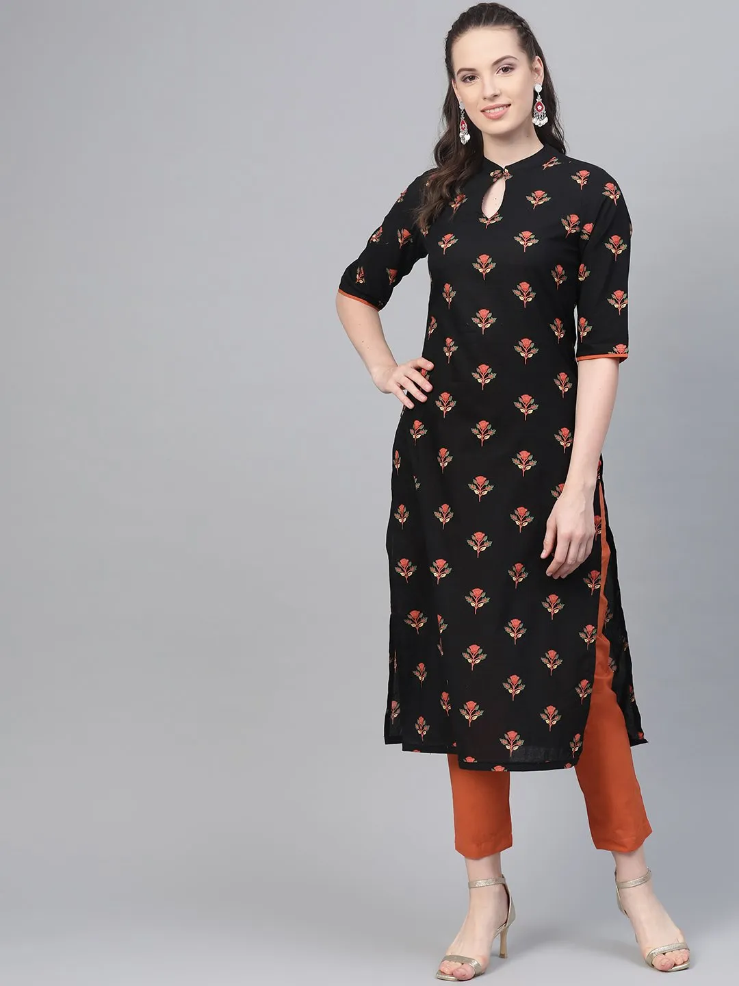 Black & Rust Orange Multi Floral Printed Kurta & Solid Pants