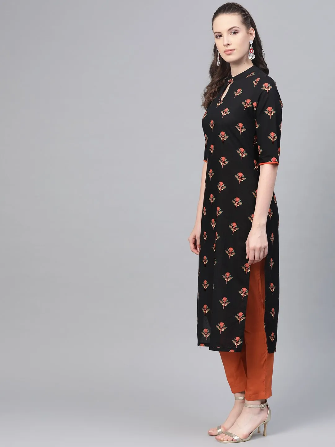 Black & Rust Orange Multi Floral Printed Kurta & Solid Pants