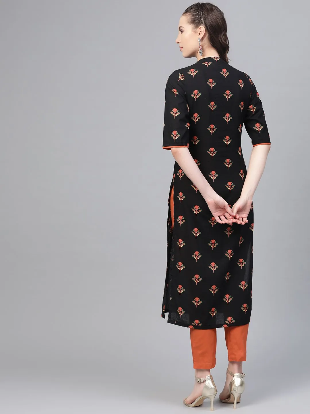 Black & Rust Orange Multi Floral Printed Kurta & Solid Pants