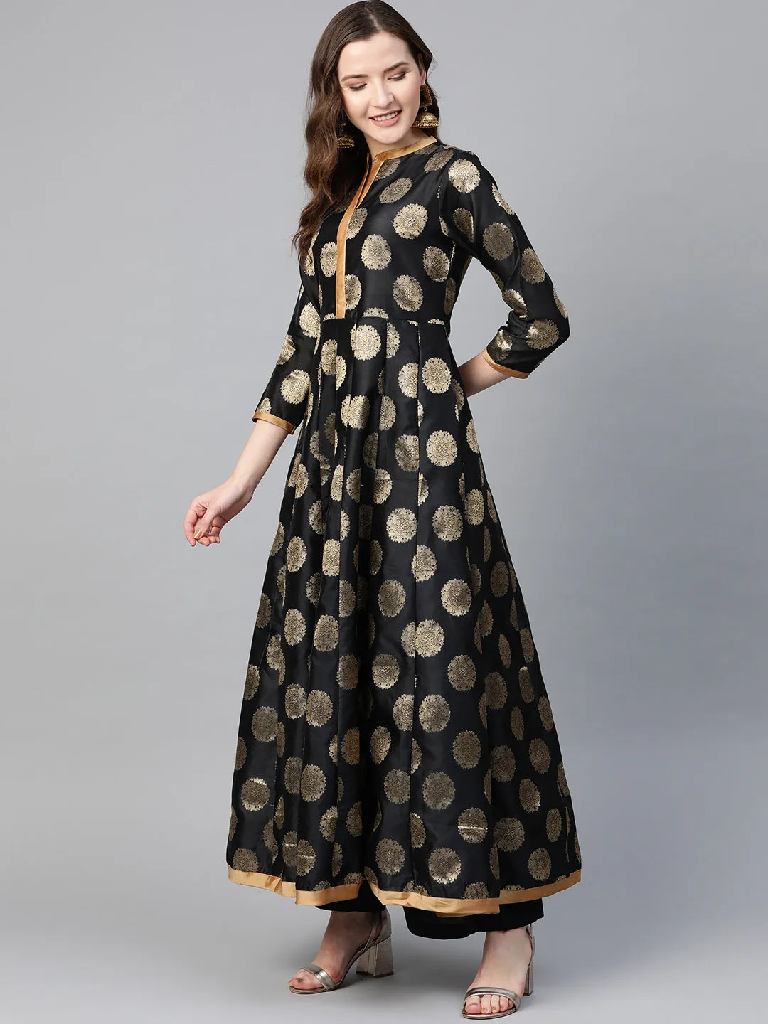 Black and Golden Ethnic Motifs Printed Brocade Raw Silk Anarkali Kurta