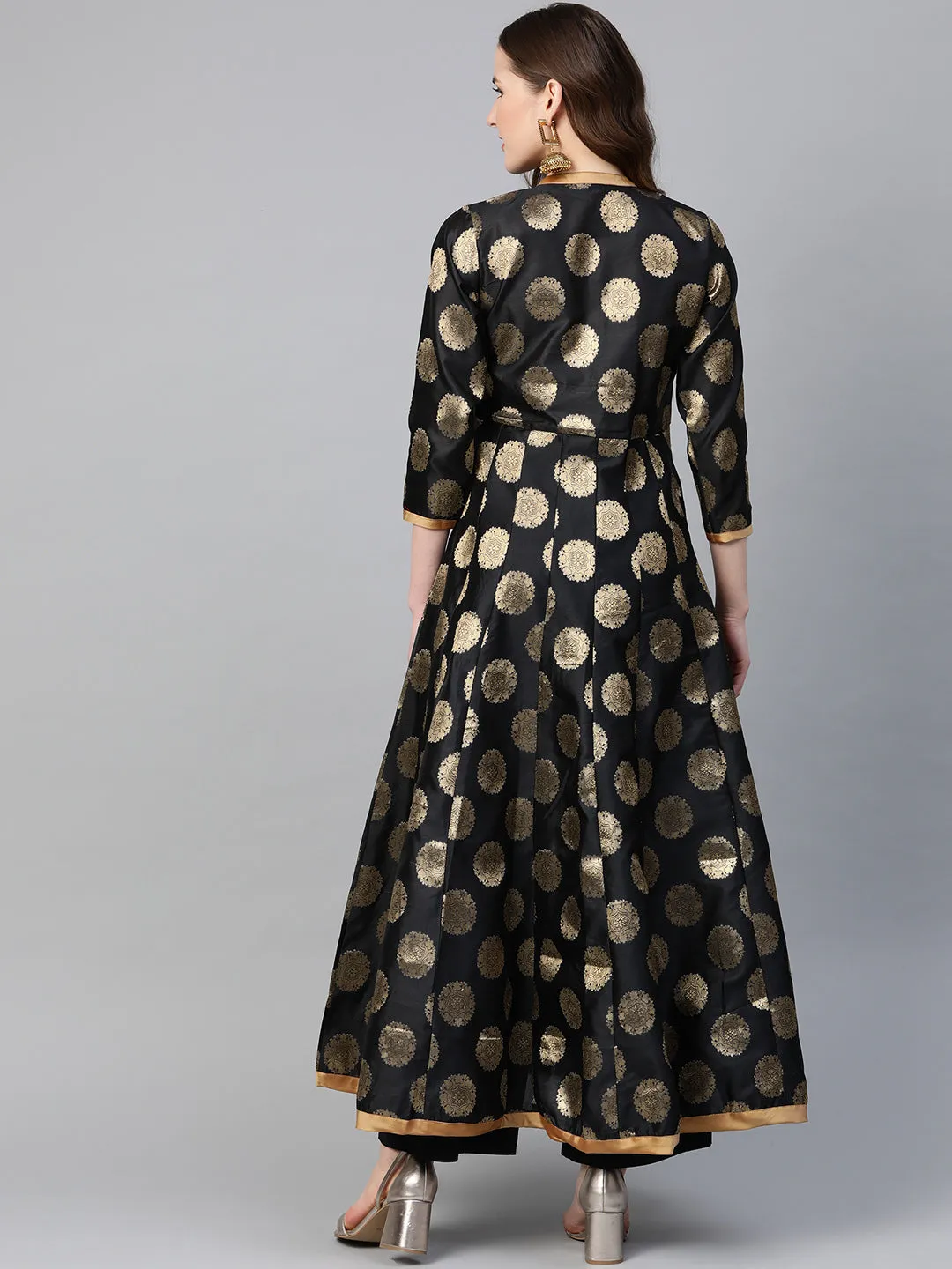 Black and Golden Ethnic Motifs Printed Brocade Raw Silk Anarkali Kurta