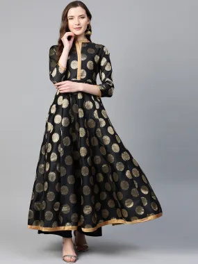 Black and Golden Ethnic Motifs Printed Brocade Raw Silk Anarkali Kurta