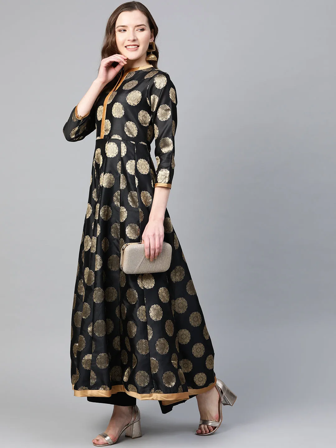 Black and Golden Ethnic Motifs Printed Brocade Raw Silk Anarkali Kurta