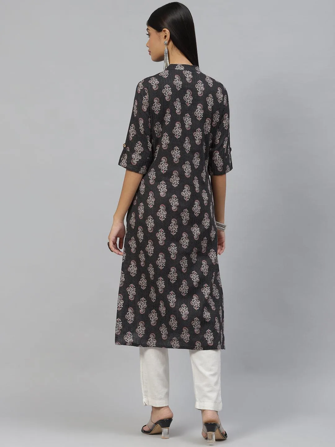 Black And Grey Cotton Straight Kurta