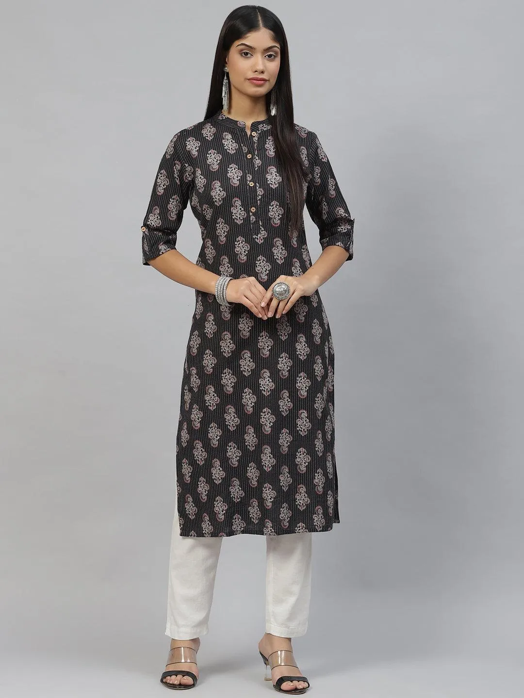 Black And Grey Cotton Straight Kurta