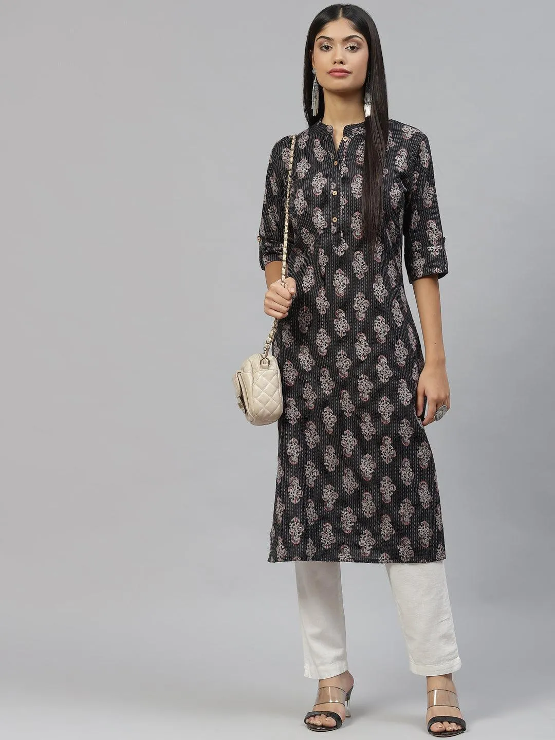 Black And Grey Cotton Straight Kurta