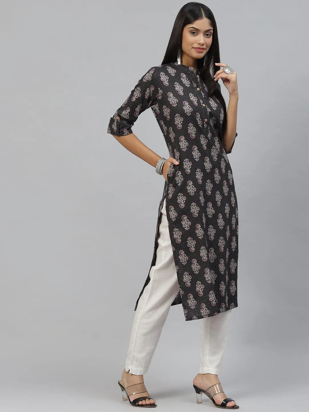 Black And Grey Cotton Straight Kurta