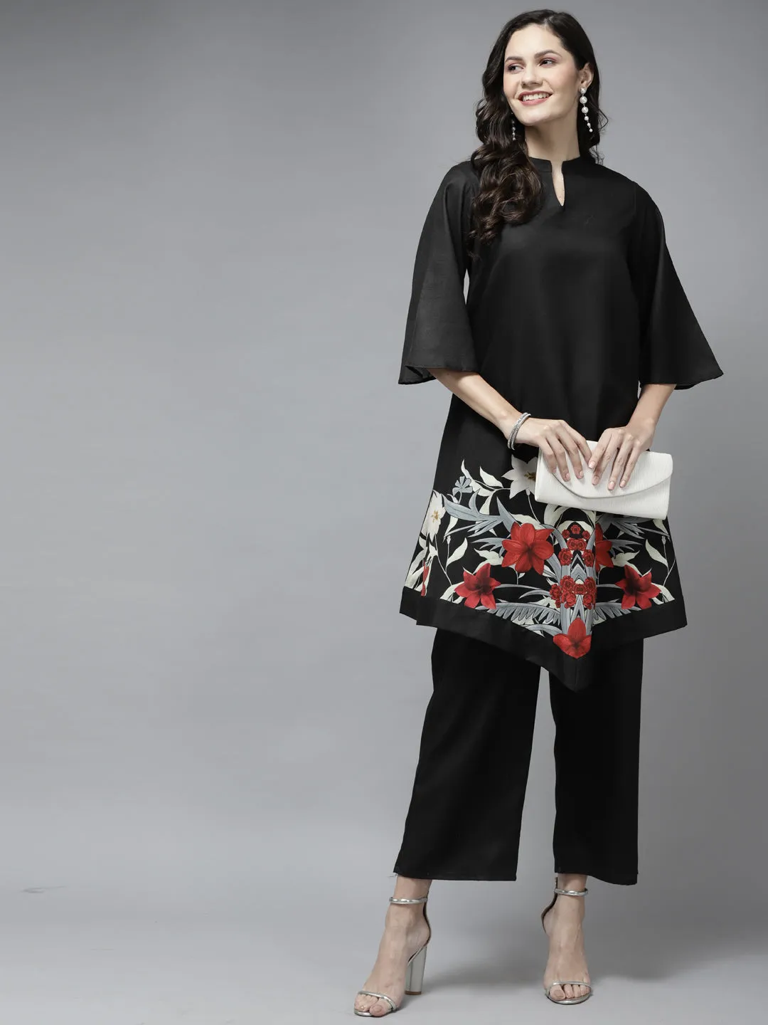 Black Floral Printed Kurta With Palazzos