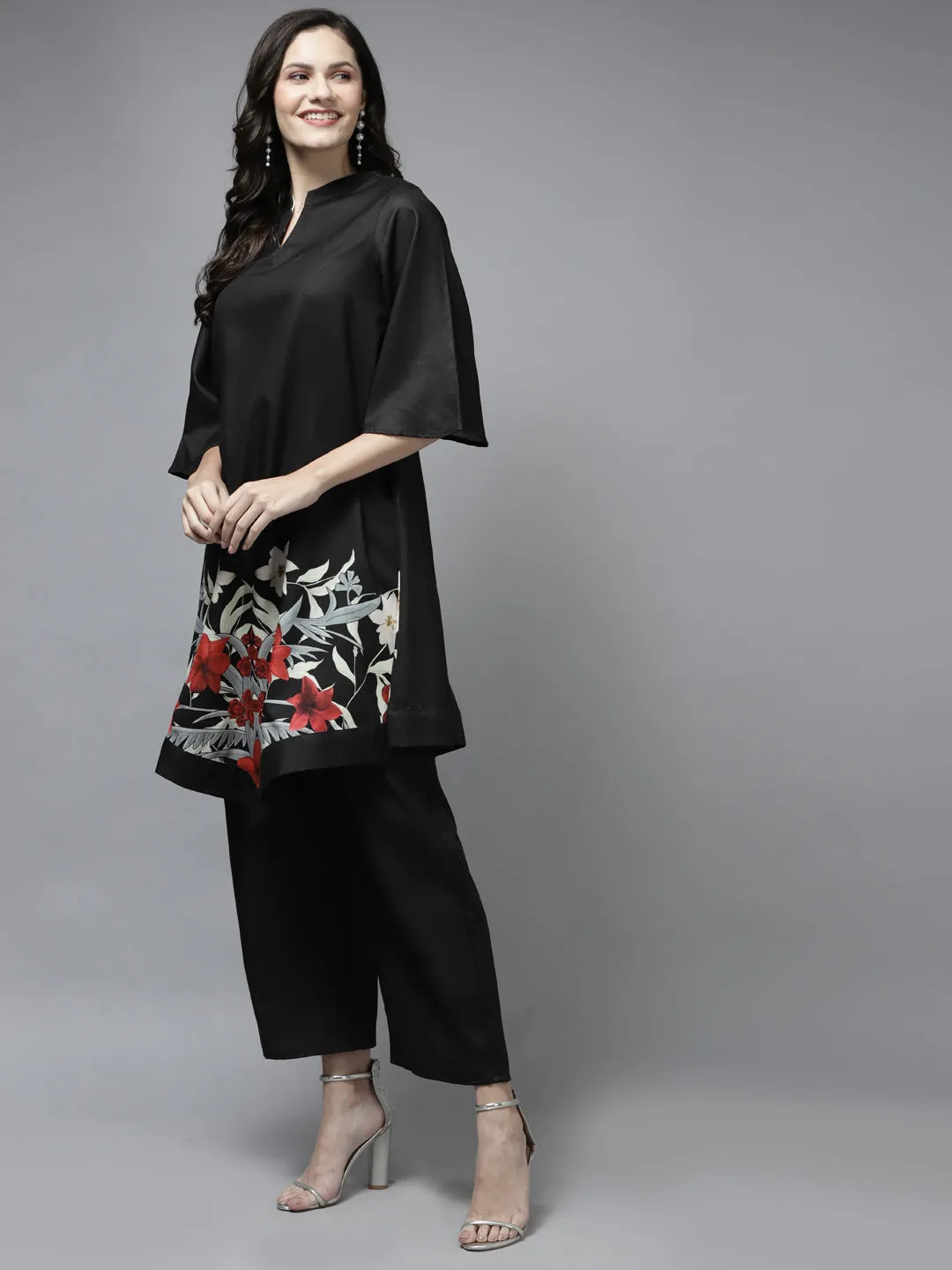 Black Floral Printed Kurta With Palazzos