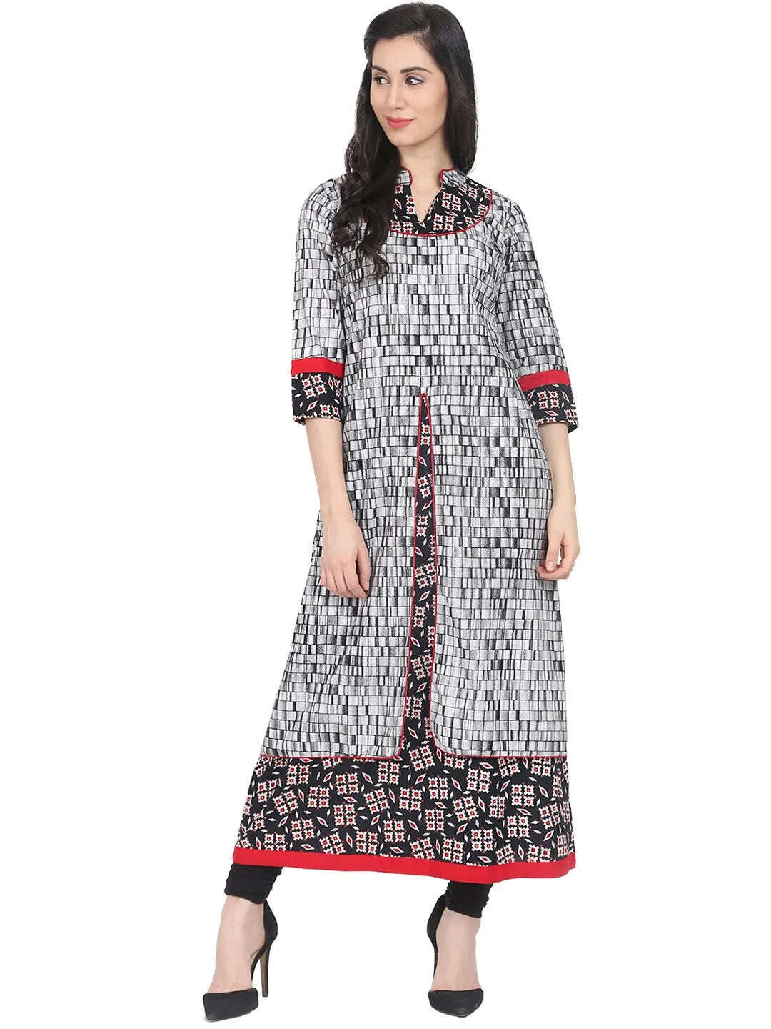 Black Printed 3/4Th Sleeve Cotton Front Layered Kurta