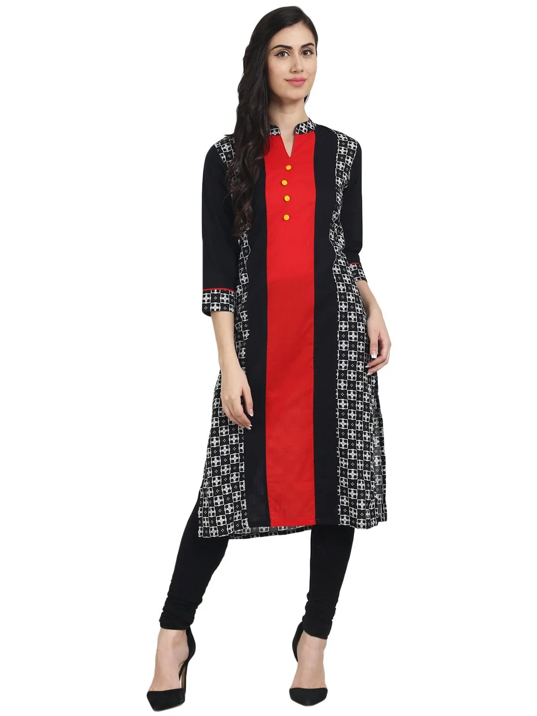 Black Printed 3/4Th Sleeve Cotton Kurta