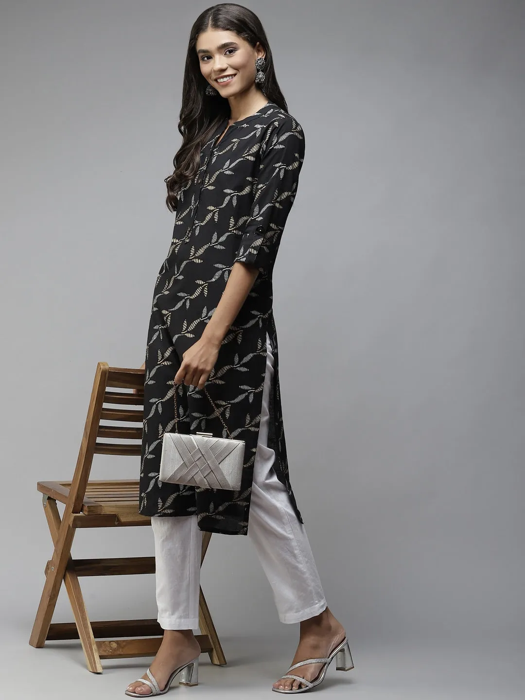 Black Printed Cotton Kurta