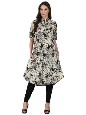 Black Printed Half Sleeve Double Pocket Tale Cut Kurta