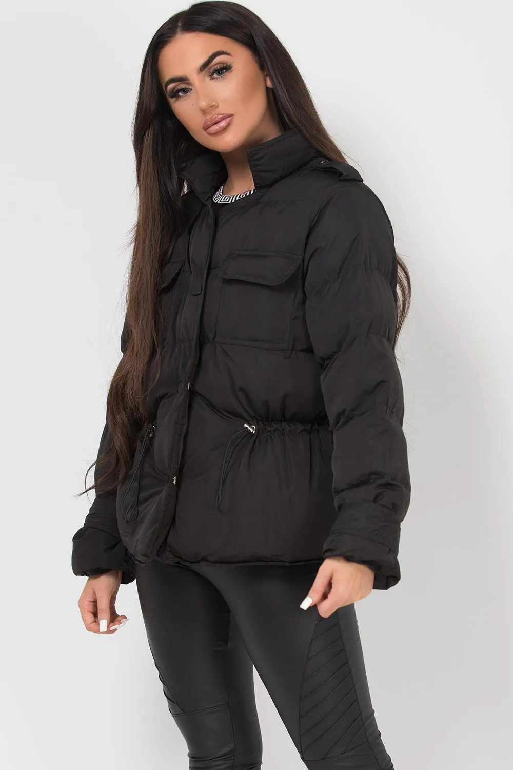 Black Puffer Jacket With Elasticated Drawstring