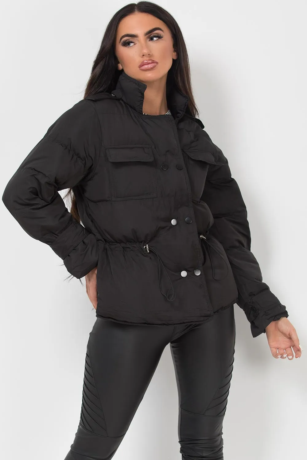 Black Puffer Jacket With Elasticated Drawstring