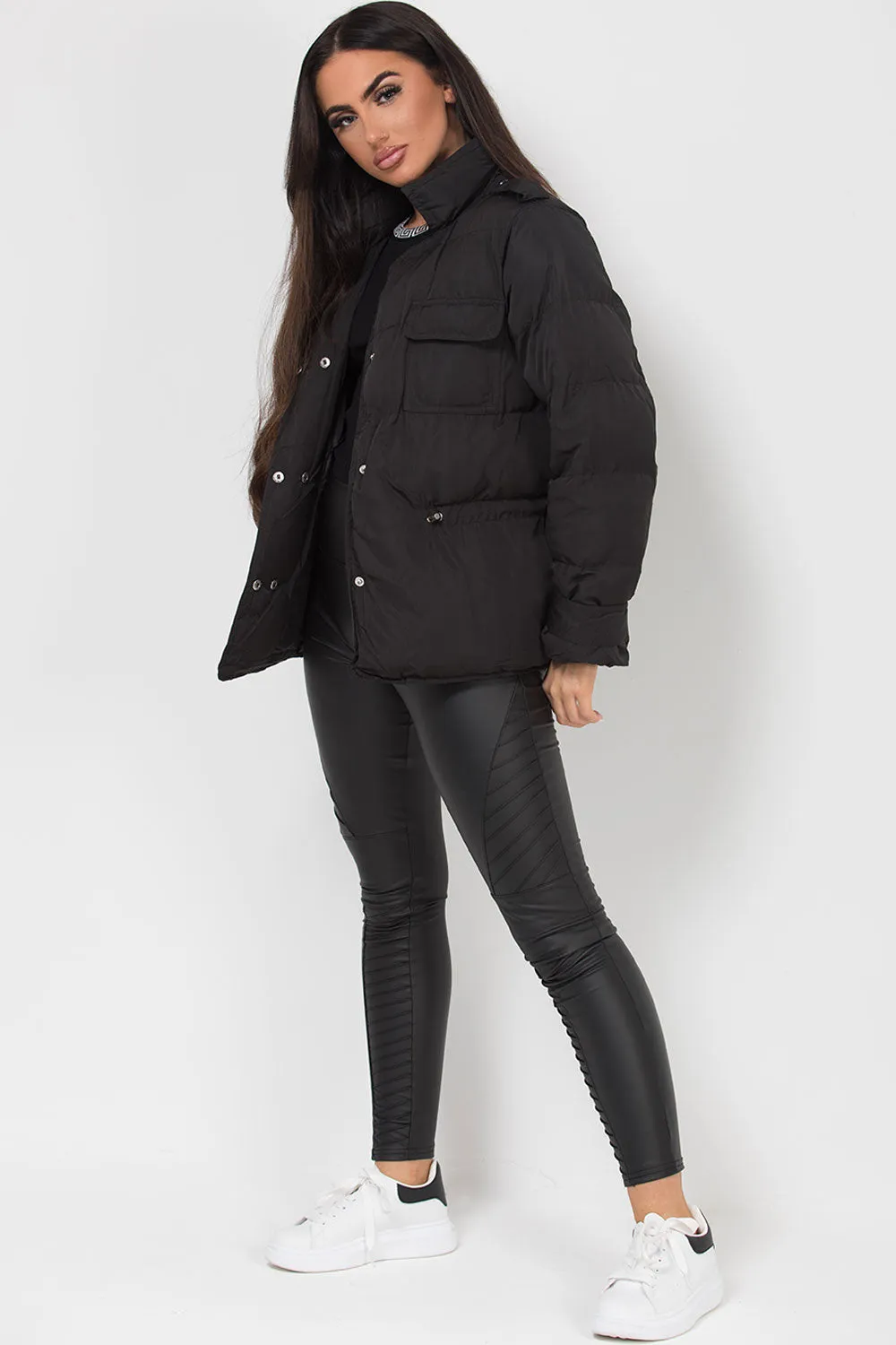 Black Puffer Jacket With Elasticated Drawstring