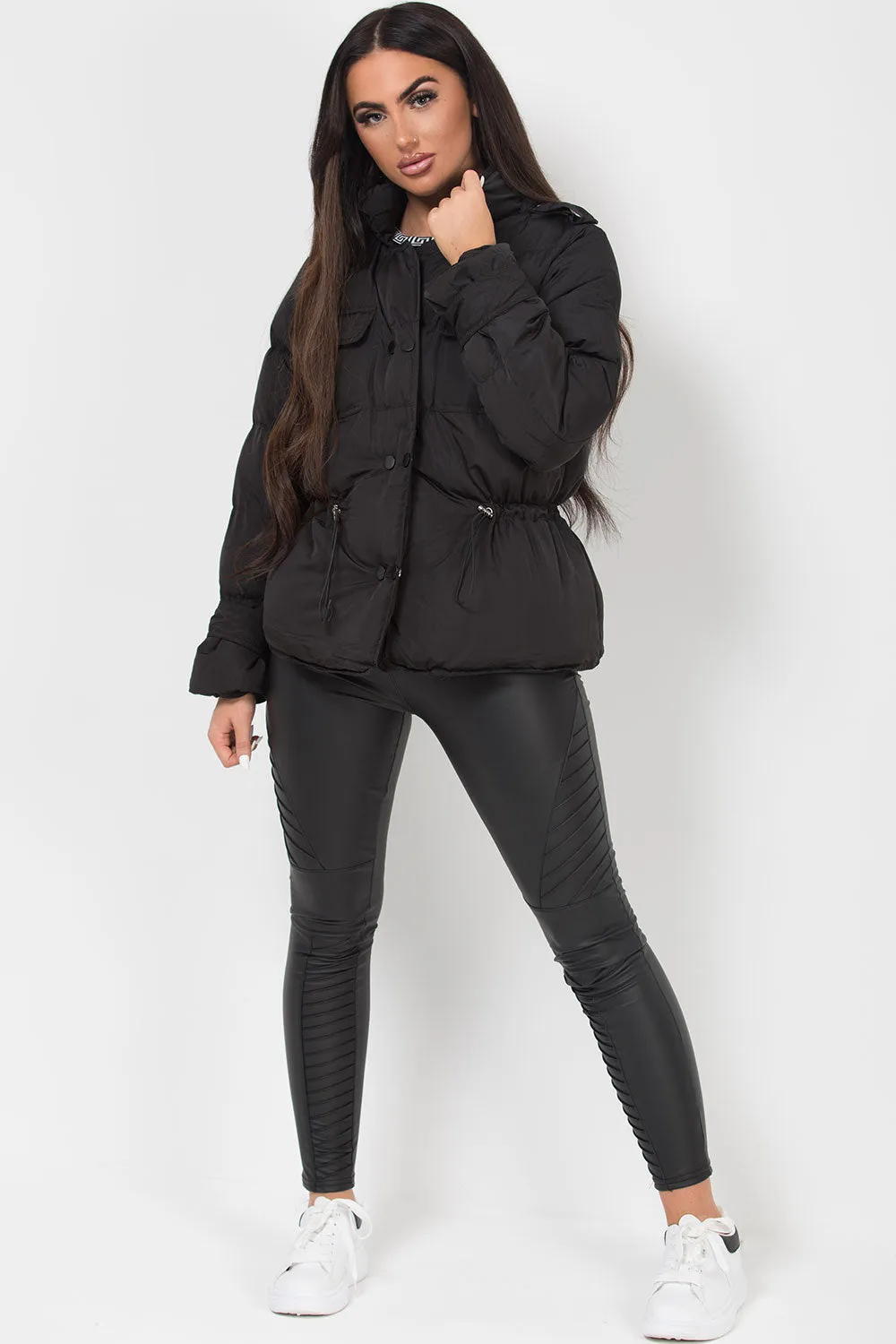 Black Puffer Jacket With Elasticated Drawstring