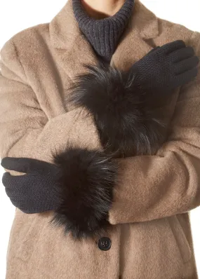 Black Quilted Gloves With Black Fox Trim