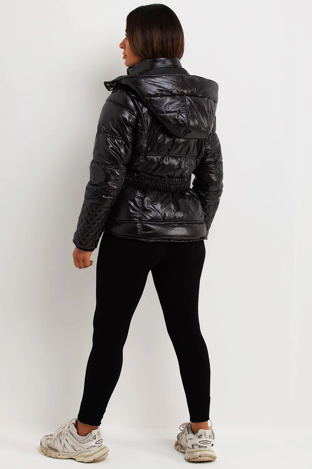 Black Shiny Puffer Jacket With Hood And Belt