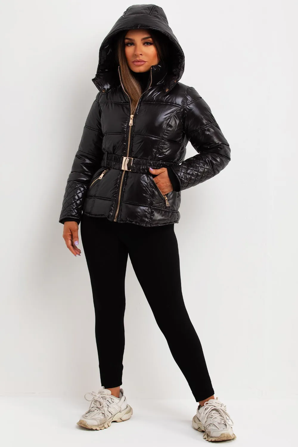 Black Shiny Puffer Jacket With Hood And Belt