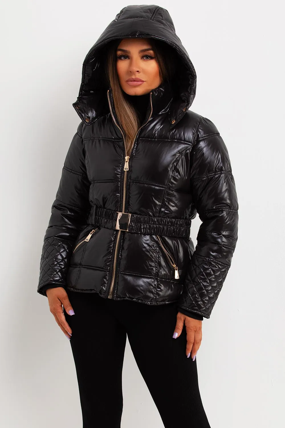 Black Shiny Puffer Jacket With Hood And Belt