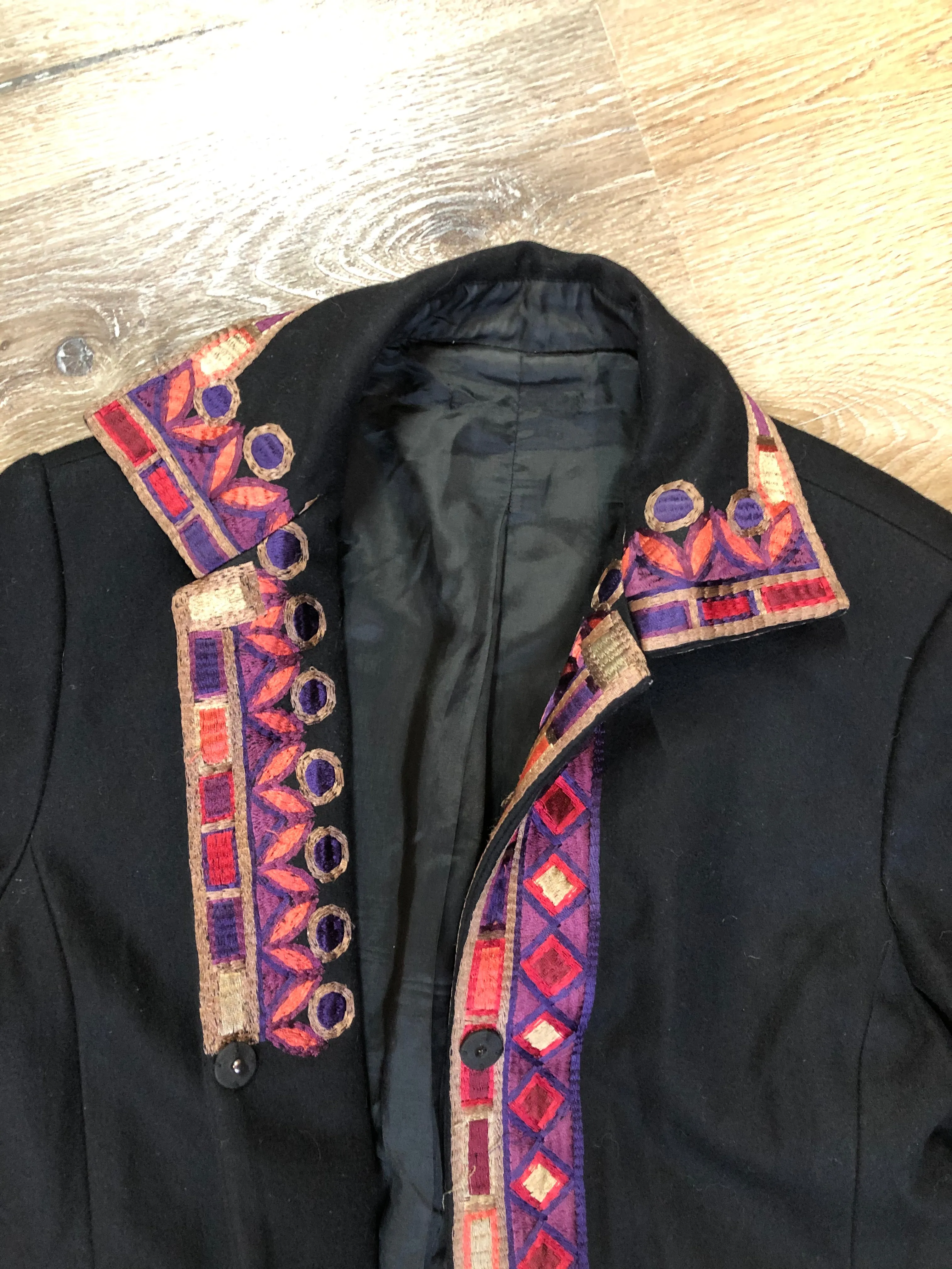 Black Wool Car Coat with Flower Embroidered Detail, SOLD