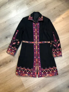 Black Wool Car Coat with Flower Embroidered Detail, SOLD