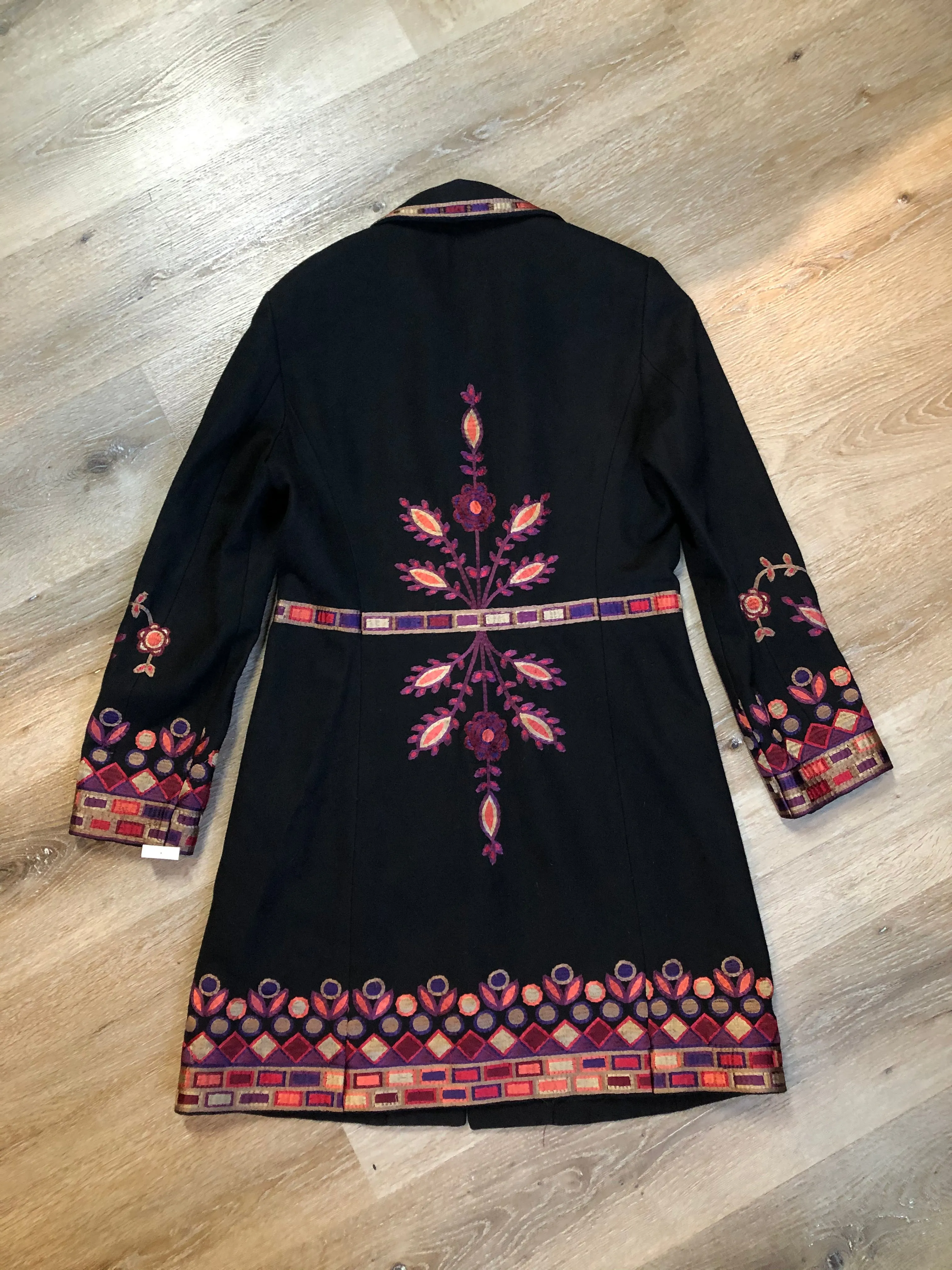 Black Wool Car Coat with Flower Embroidered Detail, SOLD