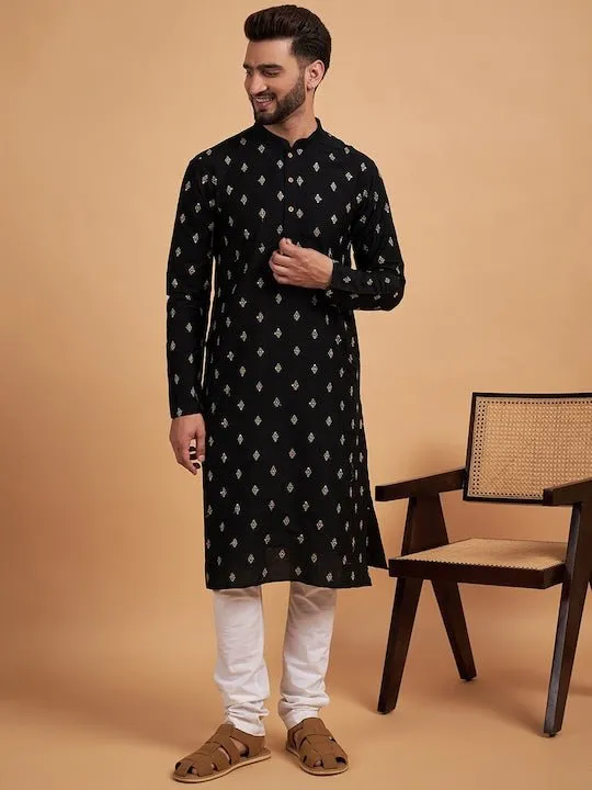 BlackEthnic Motifs Embroidered Thread Work Silk Kurta