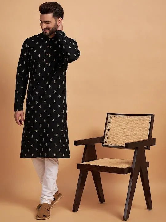 BlackEthnic Motifs Embroidered Thread Work Silk Kurta