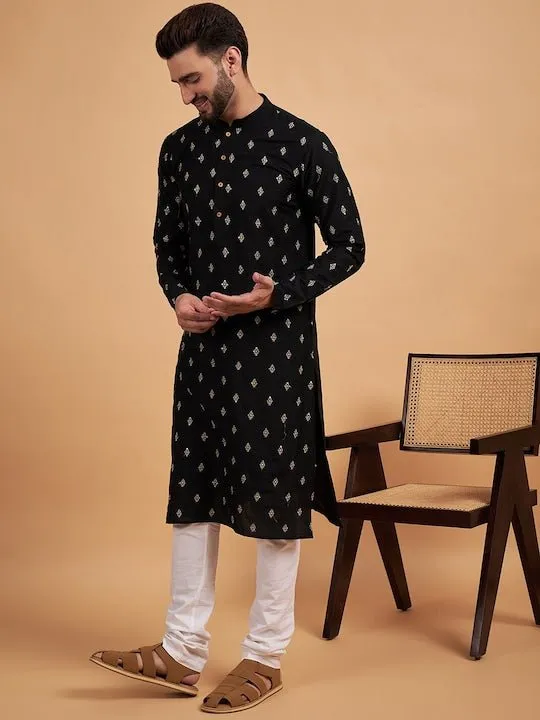 BlackEthnic Motifs Embroidered Thread Work Silk Kurta