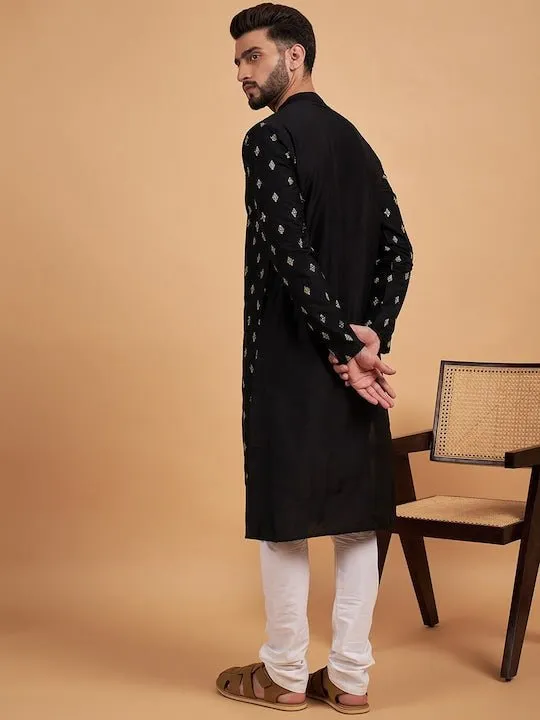 BlackEthnic Motifs Embroidered Thread Work Silk Kurta