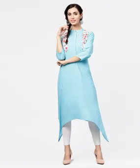 Blue 3/4Th Sleeve Cotton Floor Length Kurta