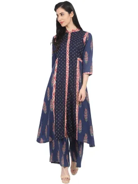 Blue Butta Printed Half Sleeve Cotton A-Line Kurta With Printed Flared Palazzo