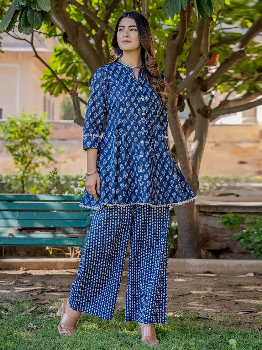 Blue Cotton Printed,Less Border Tassels Co-Ord Set