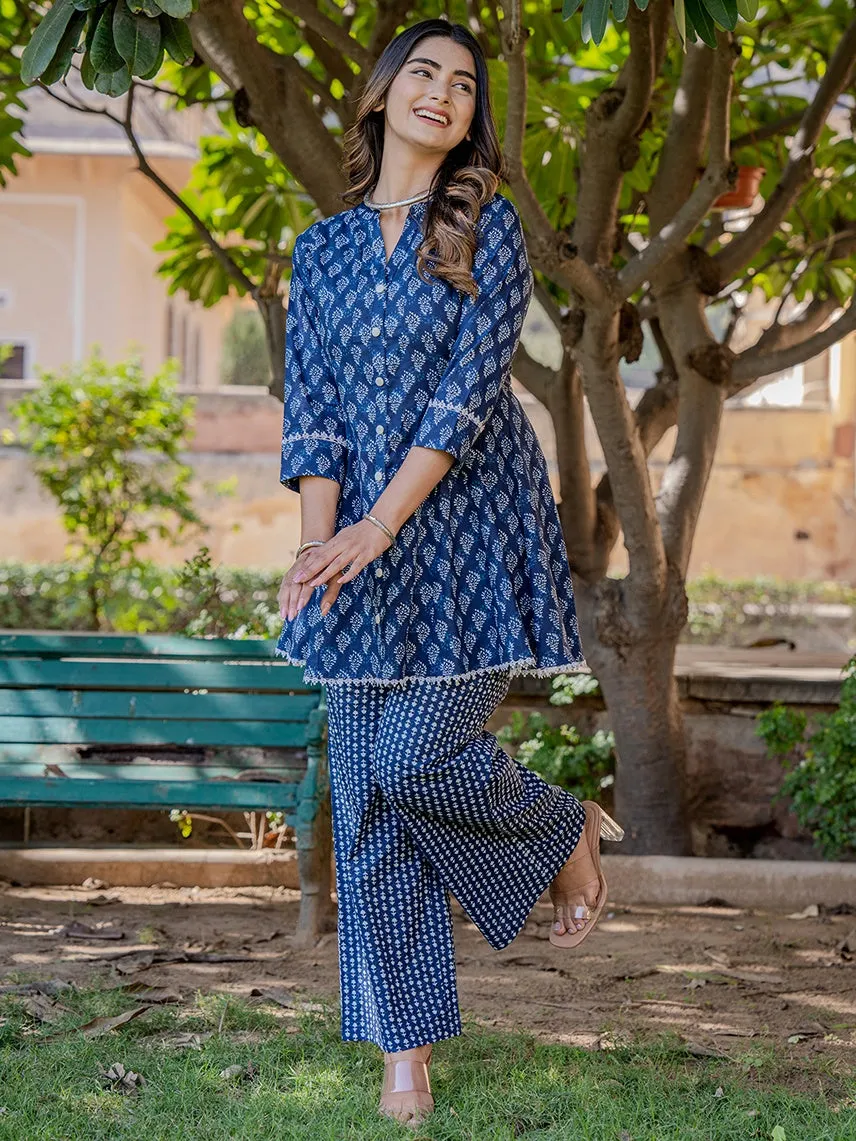 Blue Cotton Printed,Less Border Tassels Co-Ord Set