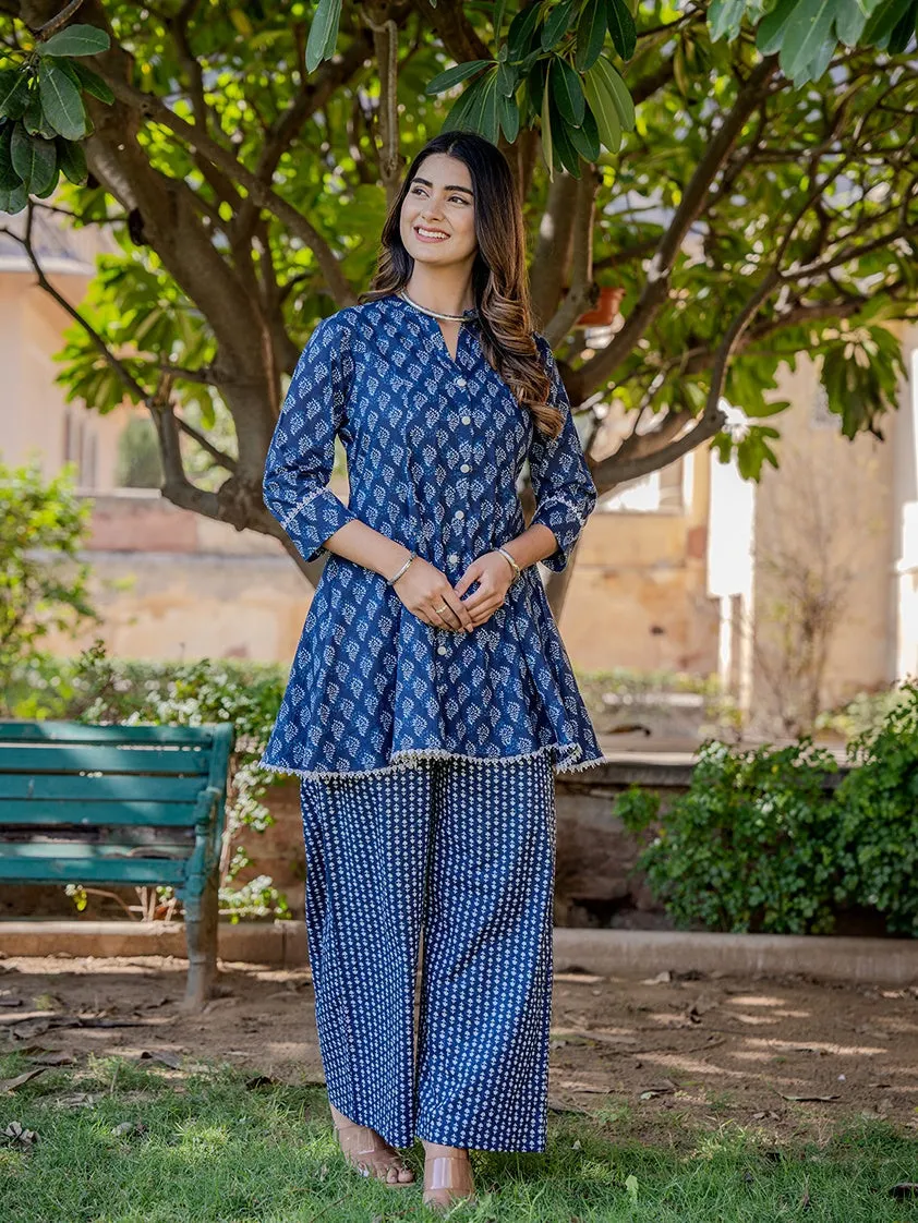 Blue Cotton Printed,Less Border Tassels Co-Ord Set