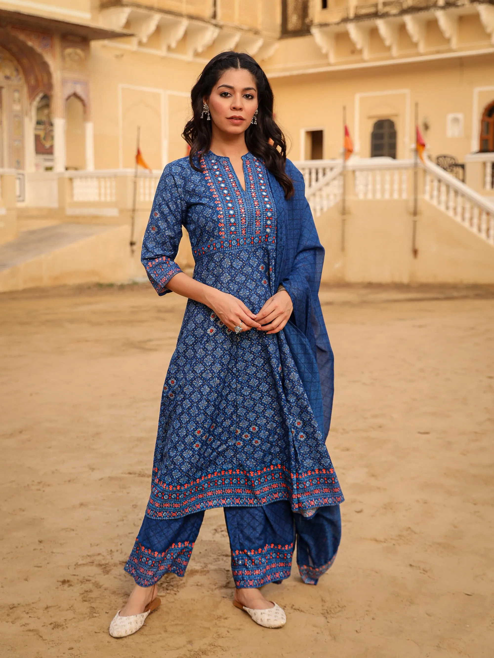 Blue Ethnic Motif Printed Cotton Kurta, Pant And Dupatta Set With Mirror Work