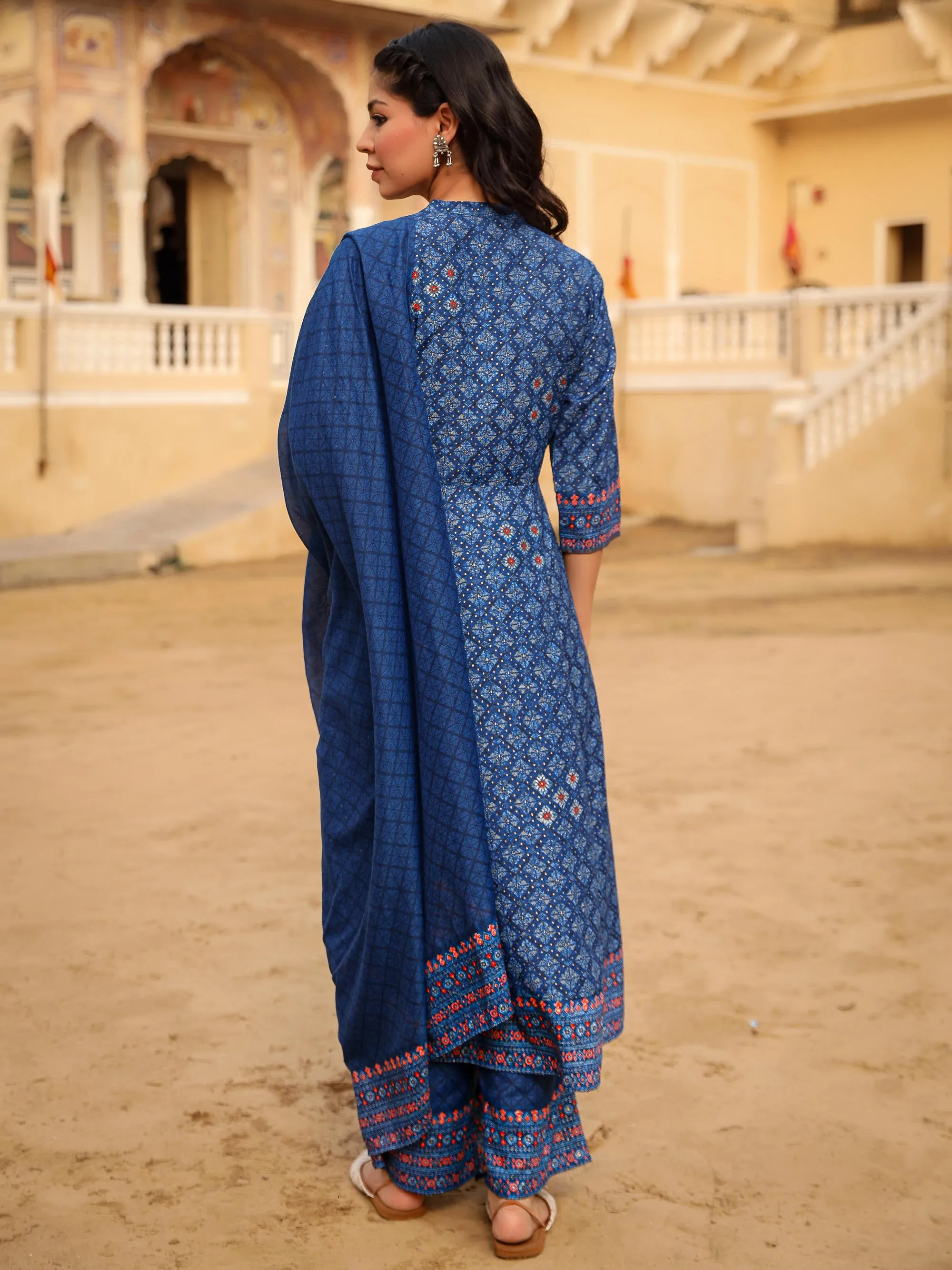 Blue Ethnic Motif Printed Cotton Kurta, Pant And Dupatta Set With Mirror Work