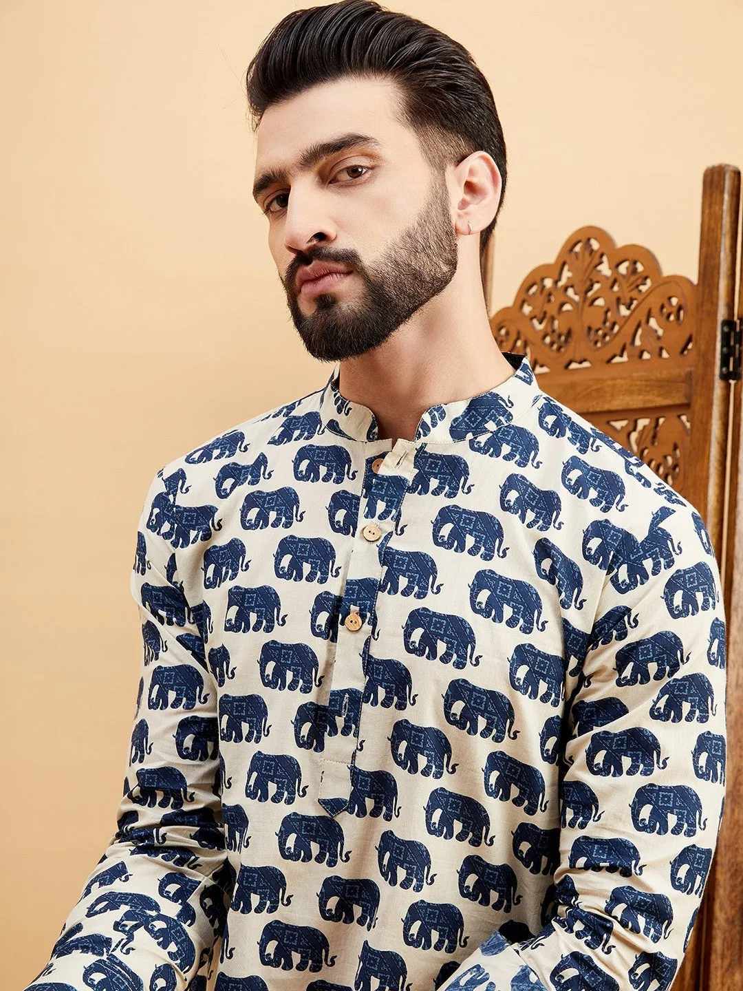 Blue Ethnic Motifs Printed Mandarin Collar Cotton Curved Thread Work Kurta